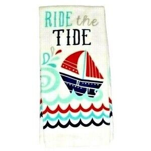 Ride the Tide Kitchen Towel Nautical Sailing Ship Cotton Blue Red White Teal NEW